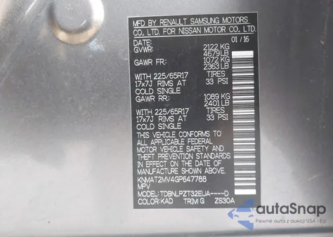 2016 Nissan Rogue S z USA, uszkodzony, nr VIN KNMAT2MV4GP647788